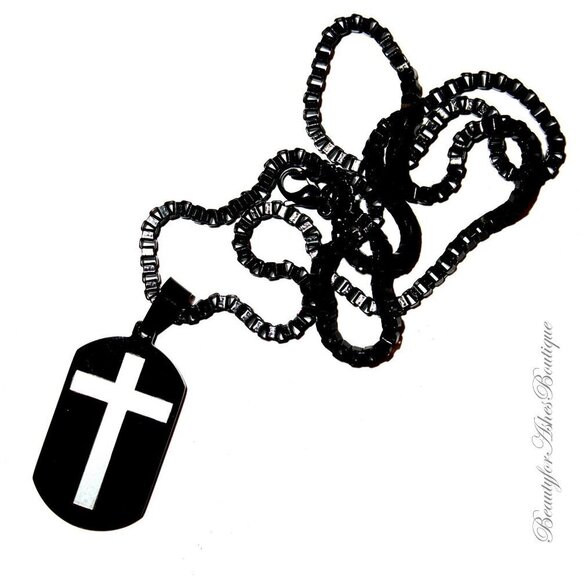 Beauty for Ashes® 24" Mens Chain Black Stainless Steel Necklace Dog Tag Necklace - Picture 2 of 4